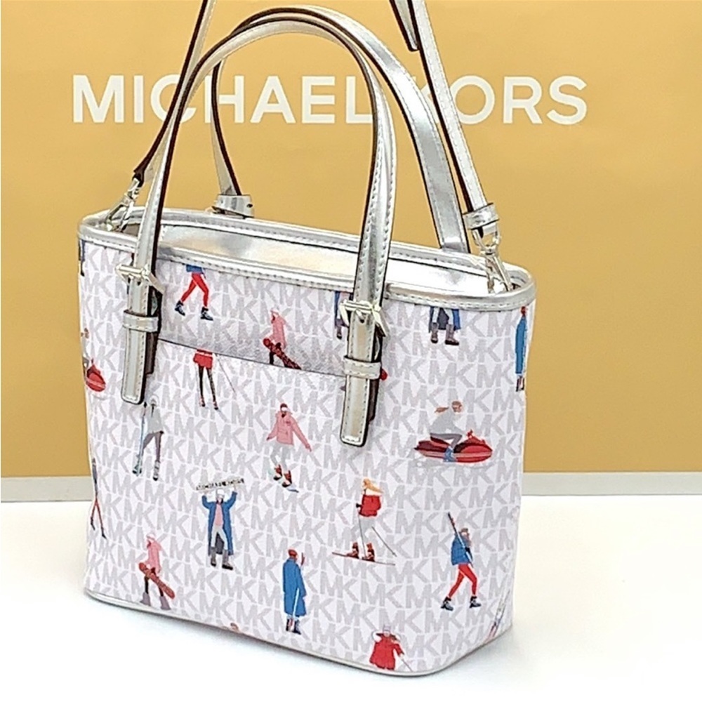 Michael Kors Jet Set Girls Print White Signature XSMALL Carryall Top Zip Tote - Picture 7 of 16
